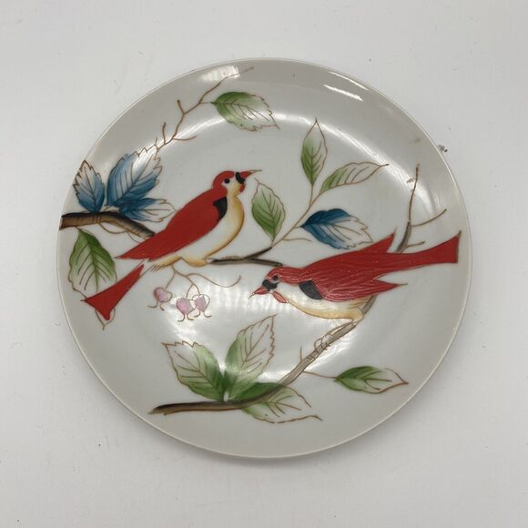 Red Birds On Branch Bread Plate Hand Painted Mid Century Vintage Japan Kitsch - Picture 1 of 7